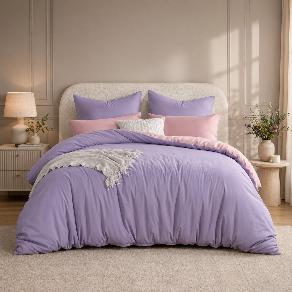 Nazik Living Beddengoed 200x220 cm 3-delig Dubbelzijdig Zacht Strijkvrij Microvezel met Ritssluiting Lavendel en Roze