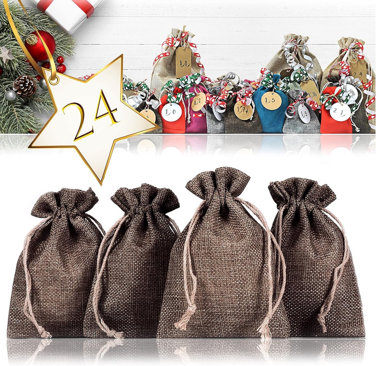 jute zakjes 24x donkerbruin, 13 cm x 9,5 cm, adventskalender set met natuurlijke stoffen beutels voor vulling, koordsluiting verwerkt in de zoom, herbruikbaar en handwas, incl. geschenkdoos