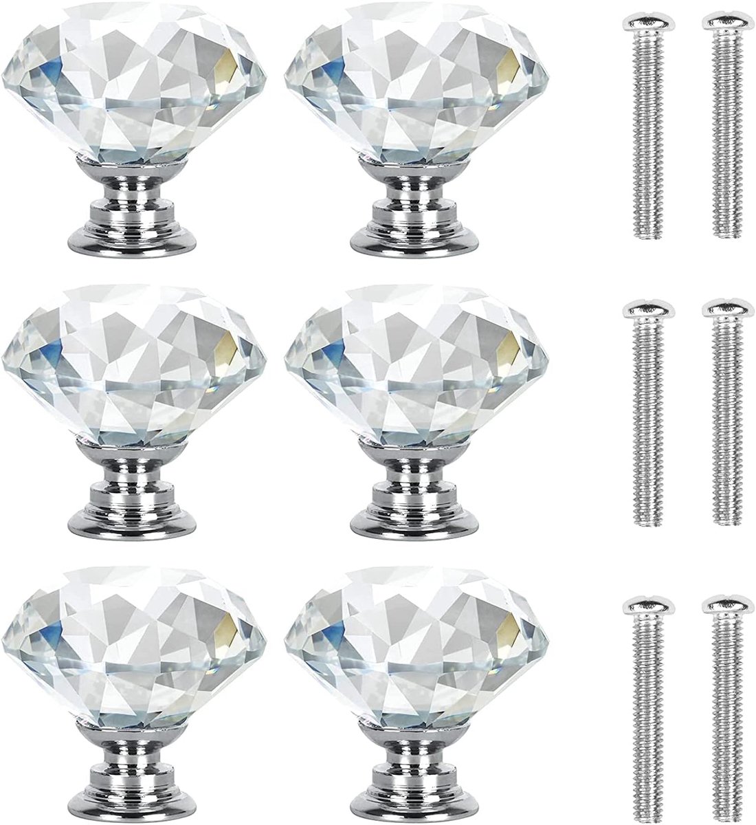 Deurknoppen, meubelknoppen, diamantgrepen, zilveren basis, lade-pols met schroeven, deurknoppen voor kasten, 30 mm