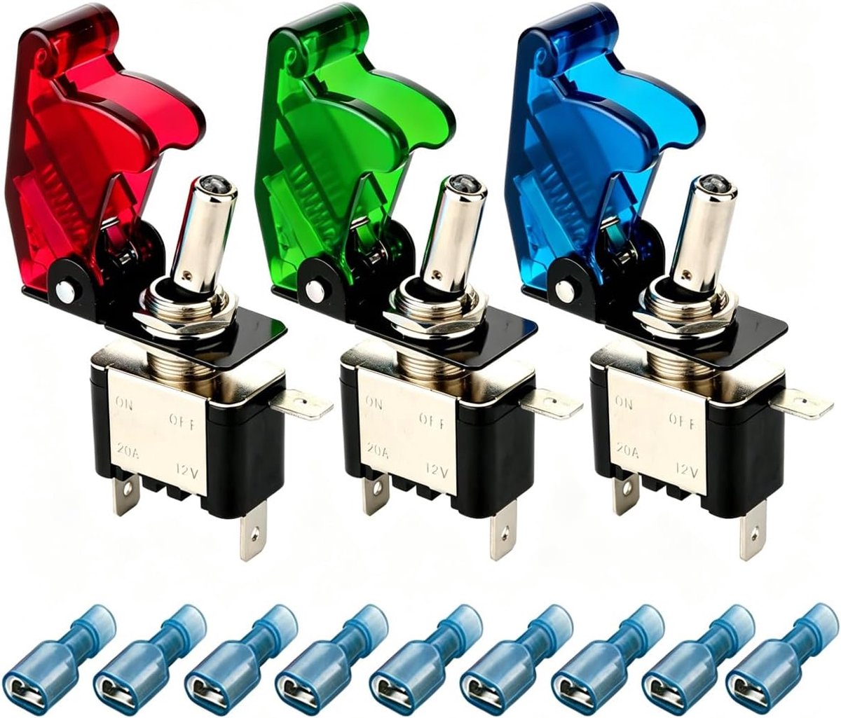 3pcs Tuimelschakelaar LED Verlicht(Rood,Groen,Blauw) met Waterdichte Bootkapafdekking,20A 12V-24VDC,3pins SPST AAN/UIT Schakelaar met Metalen Vleermuis,Gebruikt voor Auto Vrachtwagenboot