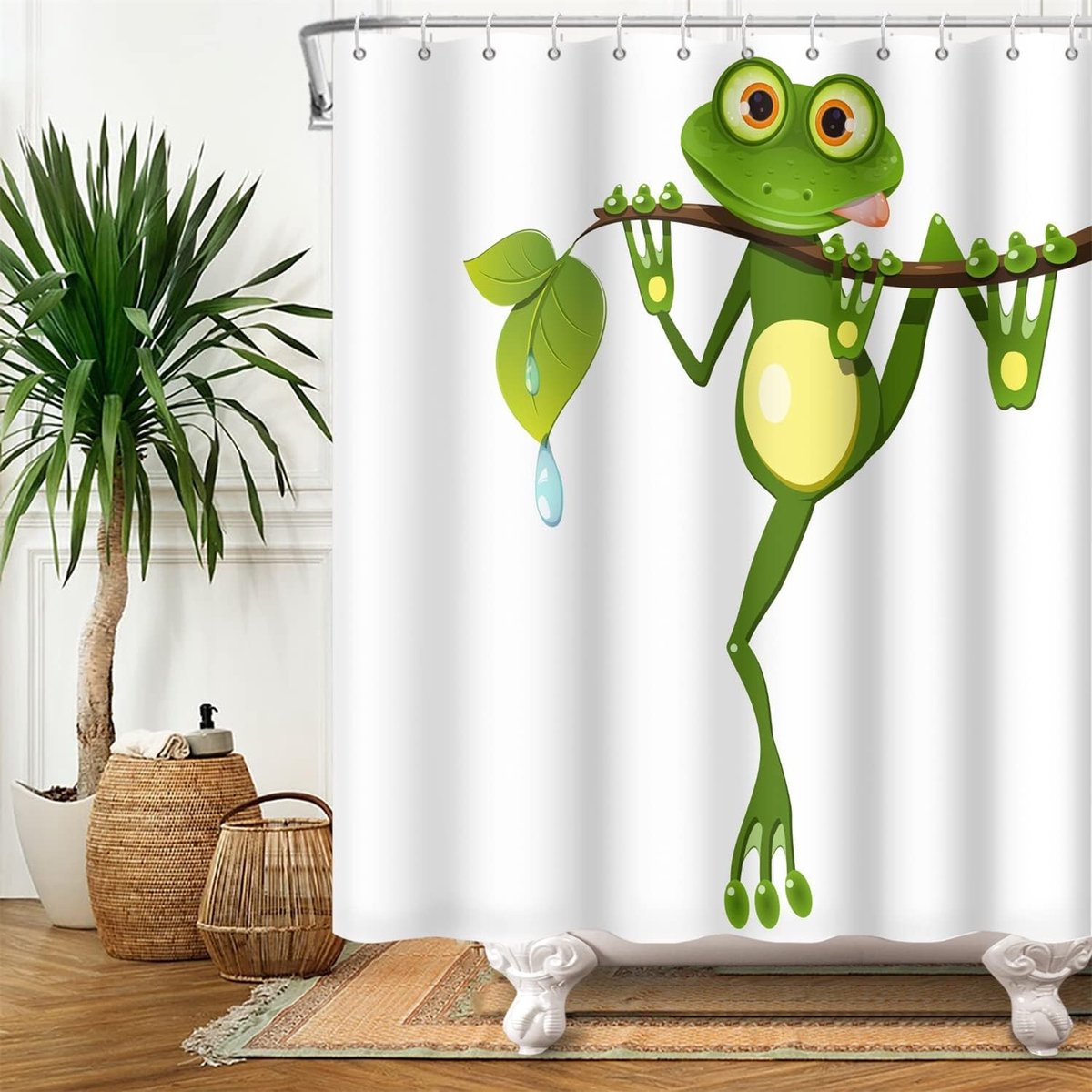 140x183cm Leuke Cartoon Kikker Douchegordijn Kleine Kikker op Boomtak Groene Bladeren Badgordijn Zomer Dier Wit Badkuip Gordijn voor Kinderen Badkamer Polyester Waterdicht met Haken