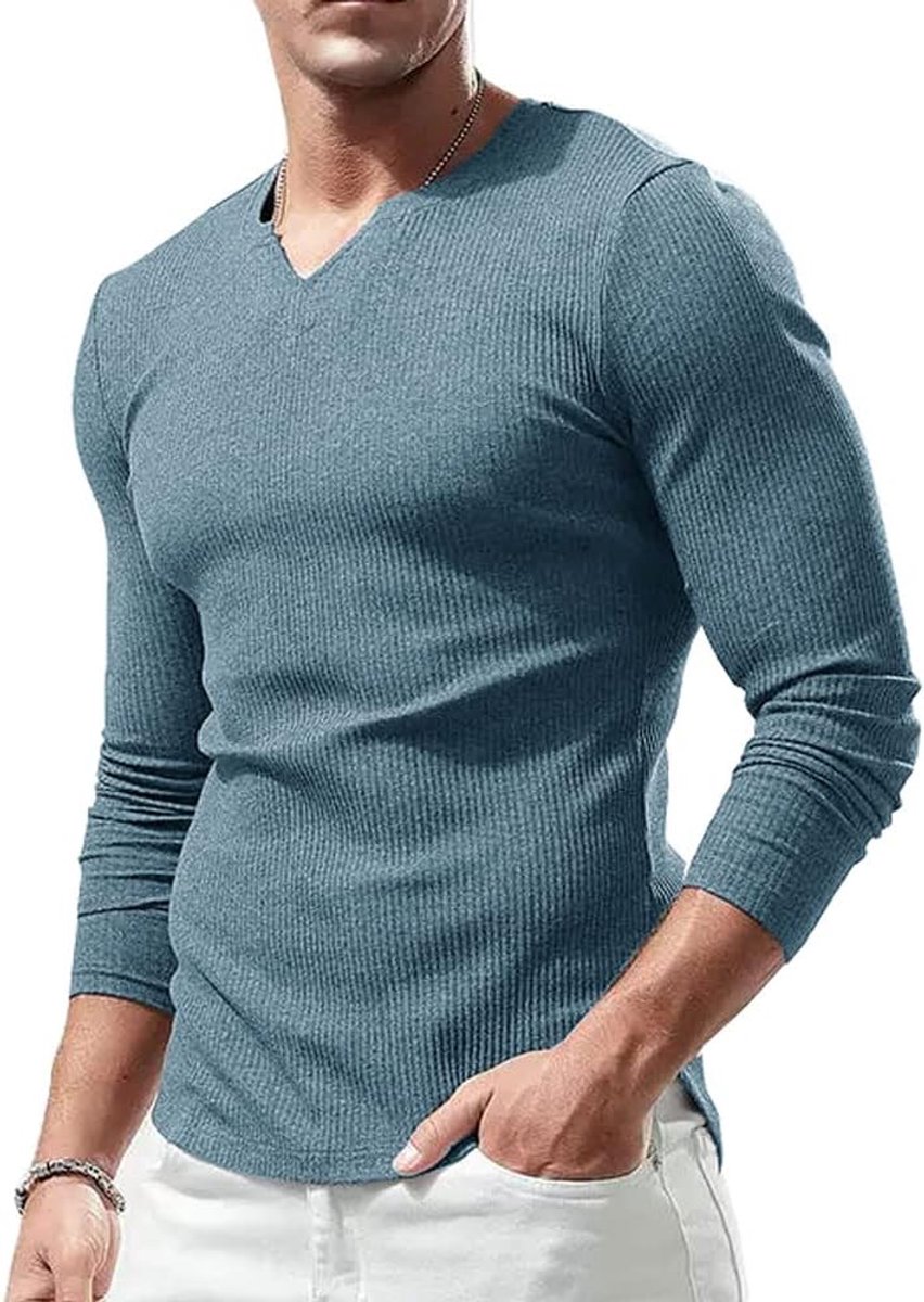Sport-T-shirts met lange mouwen en korte mouwen voor heren, V-hals stretch, gespierde pasvorm, casual ondergoed, thermo-shirt voor heren, lichtgewicht T-shirt met lange mouwen en korte