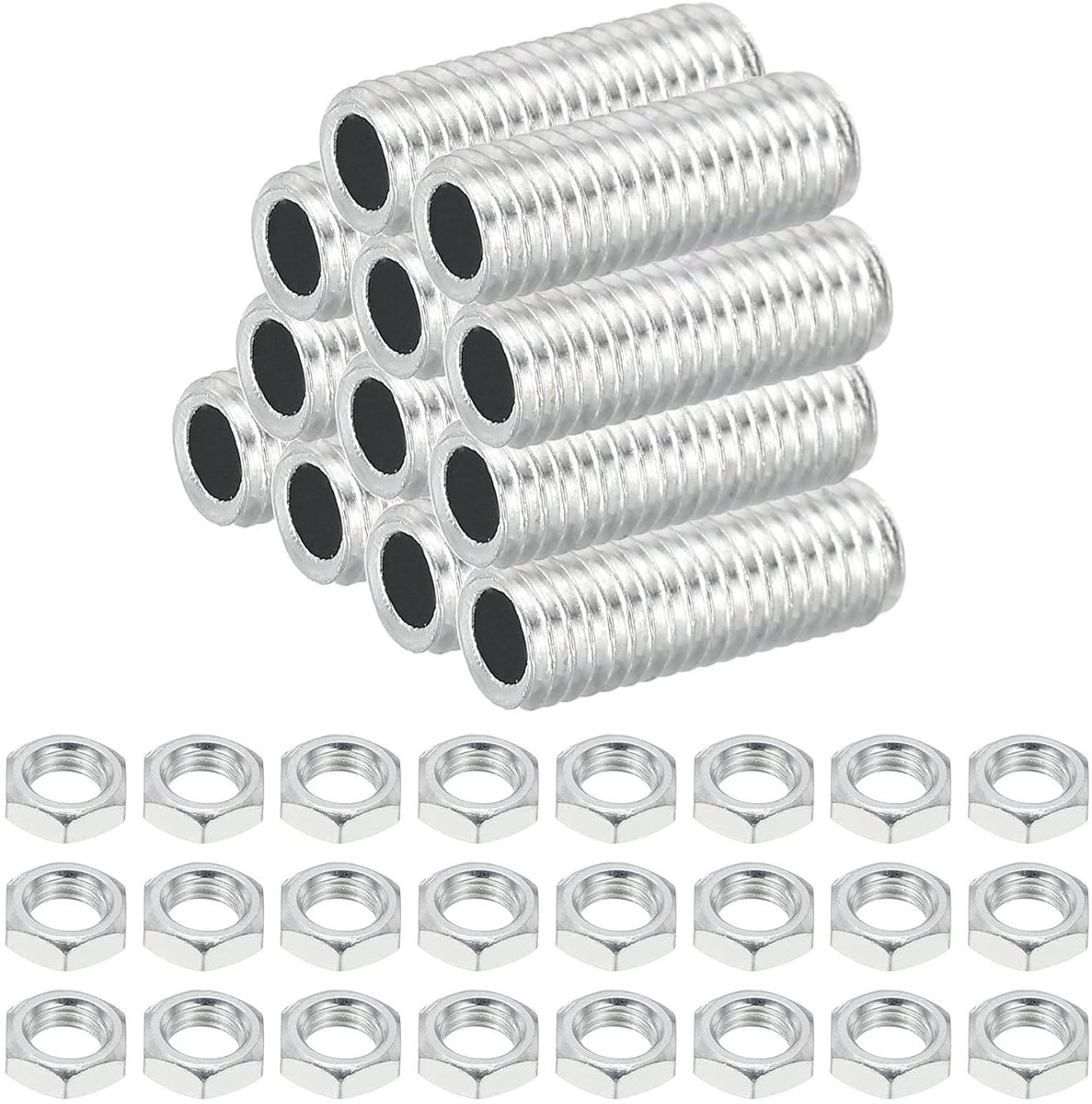 Lampbuis van koolstofstaal met fijne schroefdraad M8 met moer, 12 sets 25 mm bevestigingen voor schroefdraad adapter buizen kabel voor lampen lamp plafondlamp, wit verzinkt