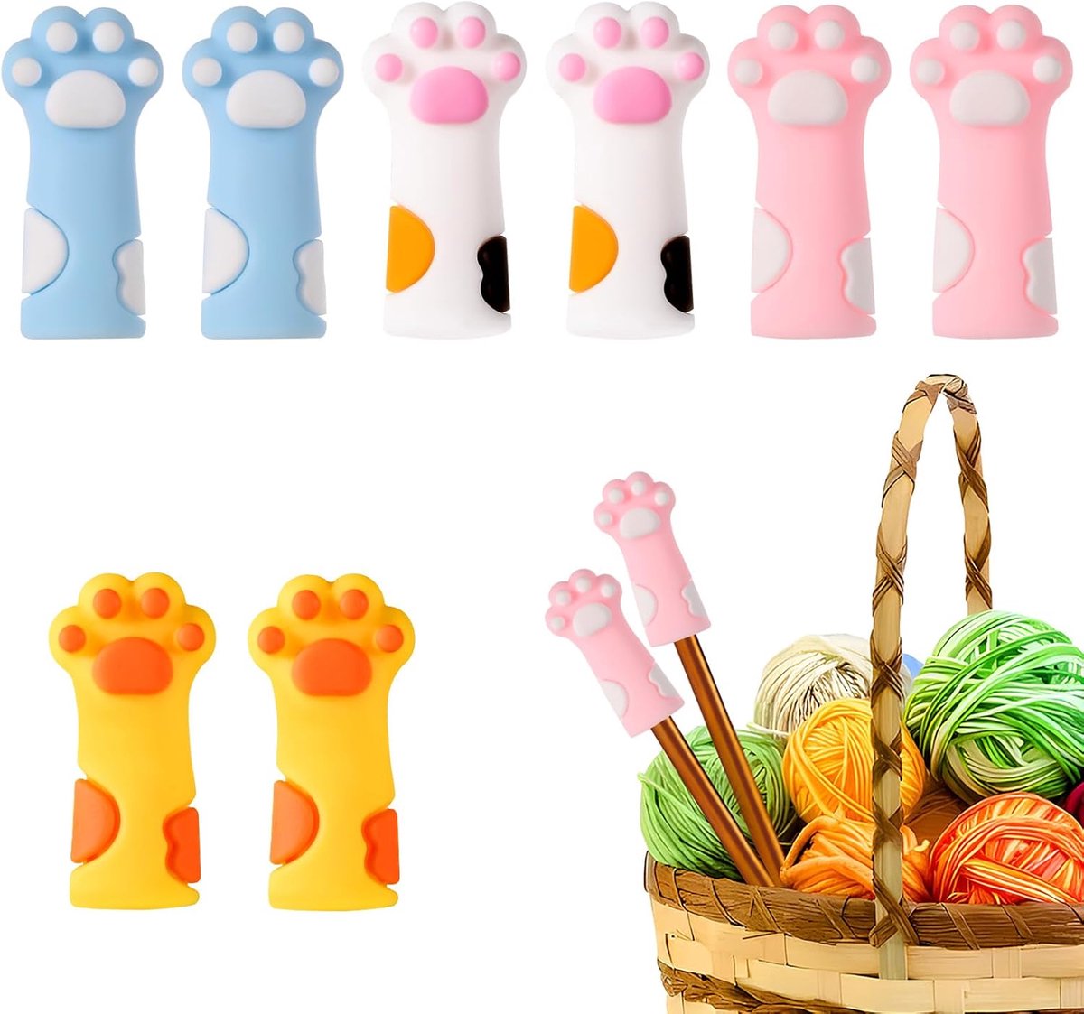 8st Cat Paw Breinaaldenstoppers, Siliconen Schattig Breinaaldpuntbeschermers Kappen Steeknaaldpunthoezen Breiaccessoires voor 11-17 (8-12,75mm) Naalden (Kleurencombinatie 1)