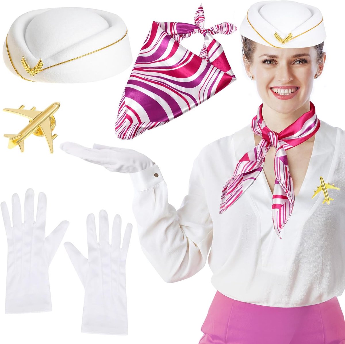 4 stuks stewardess kostuum voor vrouwen - stewardess kostuum accessoires set met stewardess hoed sjaal handschoenen broche voor vrouwen Halloween kostuums cosplay carnaval verkleedpartij, wit