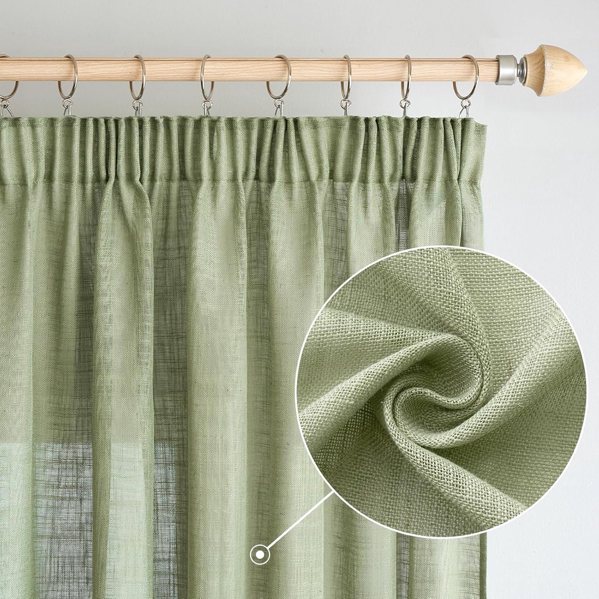 linnen gordijnen met plooiband, moderne transparante decoratieve gordijnen voor woonkamer, raam en slaapkamer, set van 2, 140x245cm, groen