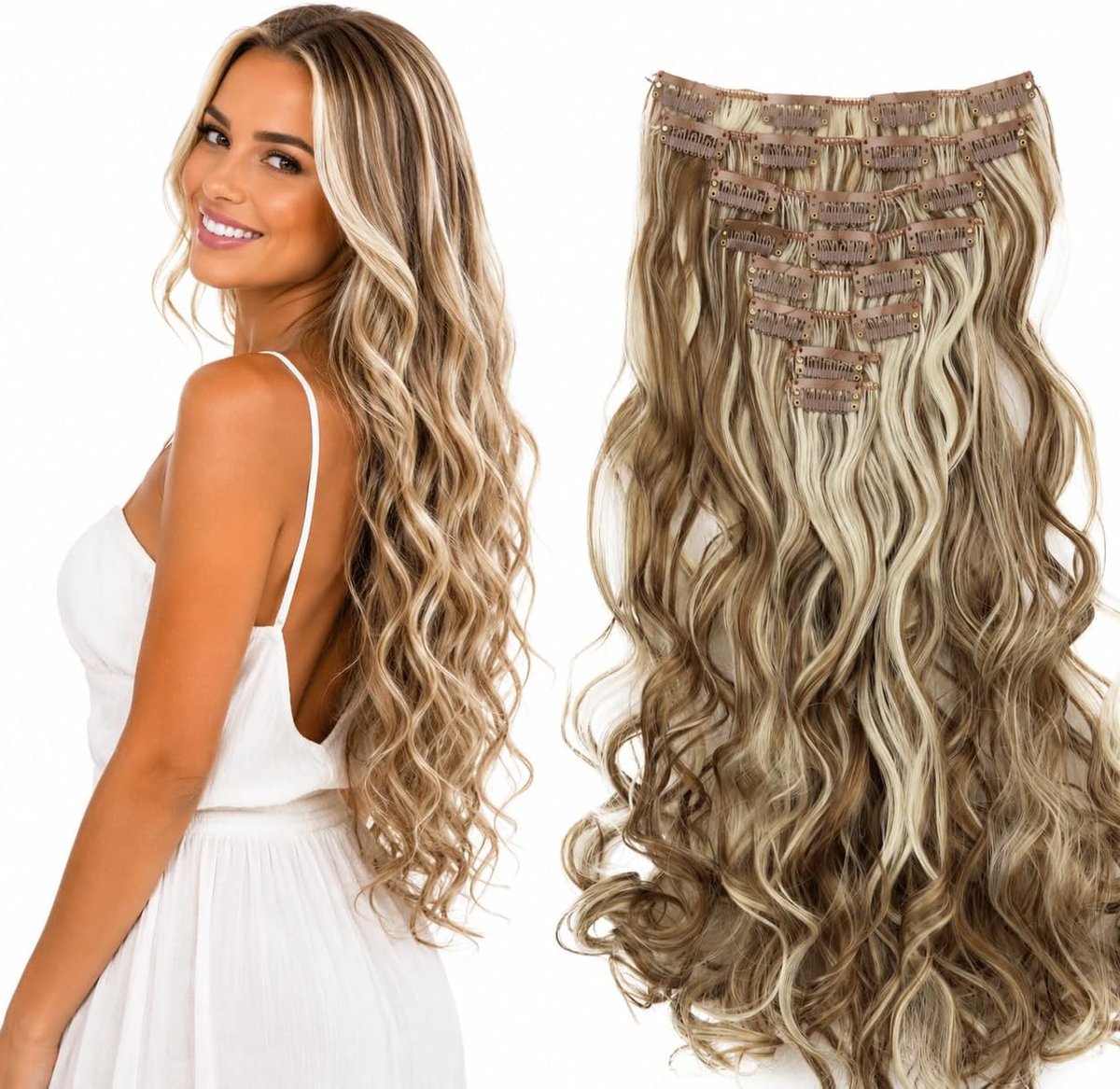 XXL 45cm 8 Delige Set CLIP IN EXTENSIONS Haarextensies Haarstukje Golvend Donkerblond Mix CES14a-1