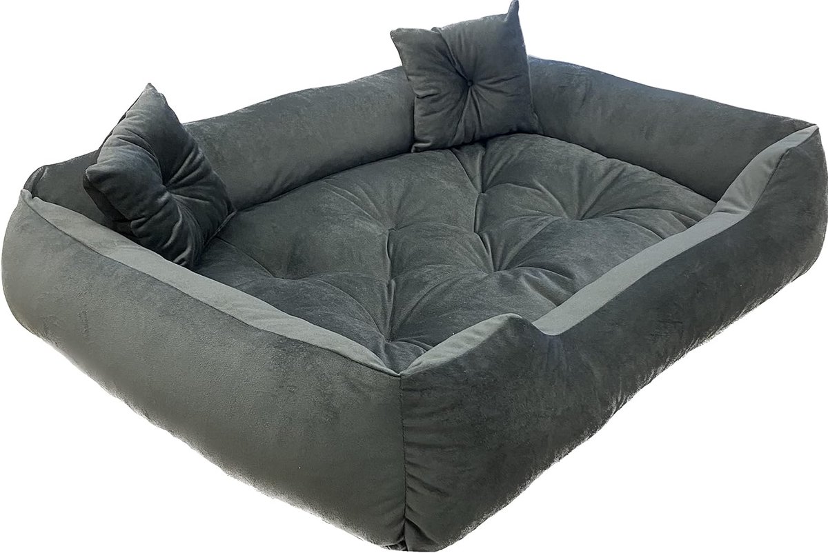 Luxe hondenbed van groen velours - anti-allergeen, duurzaam, onderhoudsvriendelijk - ondersteunt de gewrichten - verhoogde randen voor extra comfort - incl. 2 kussens L 120 x 90 cm grijs