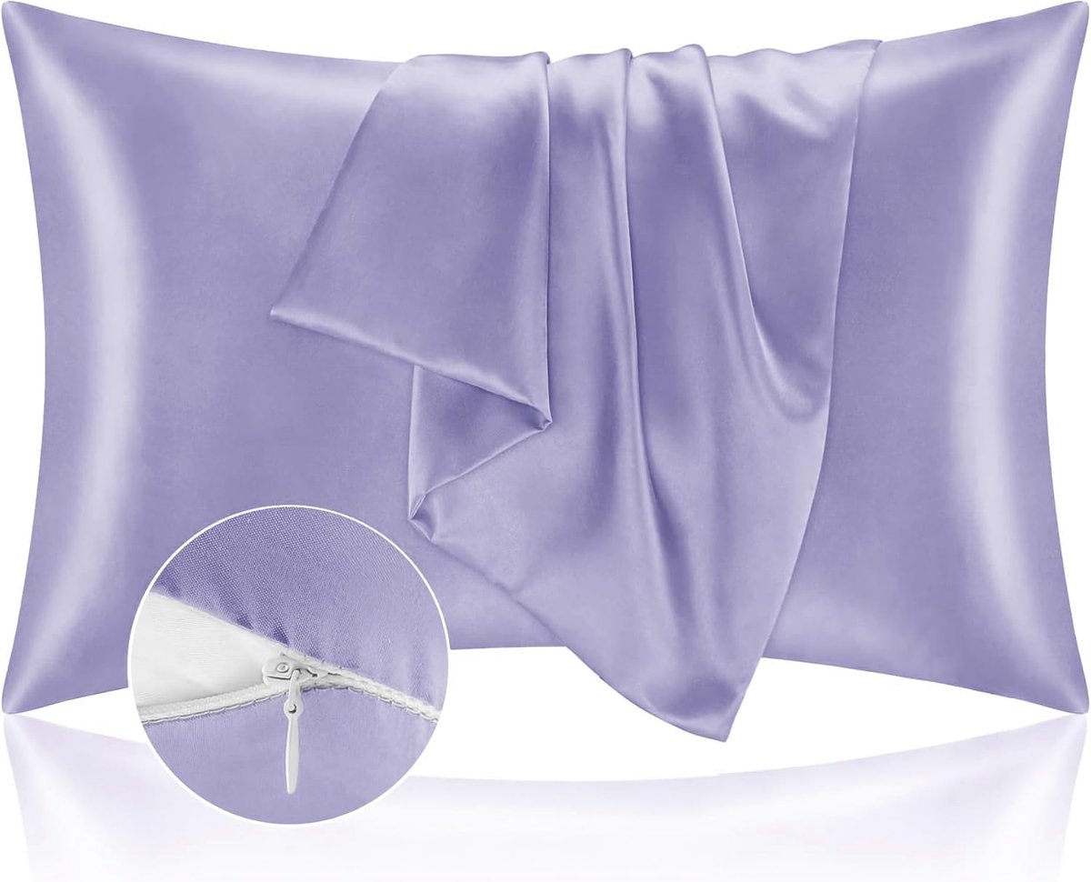 Kussenslopen voor bed, 40 x 70 cm, van satijn, zijdeachtige kussensloop ter bescherming van huid en haar, Oeko-Tex, superzacht en hypoallergeen, kussensloop met paarse ritssluiting, 2 stuks