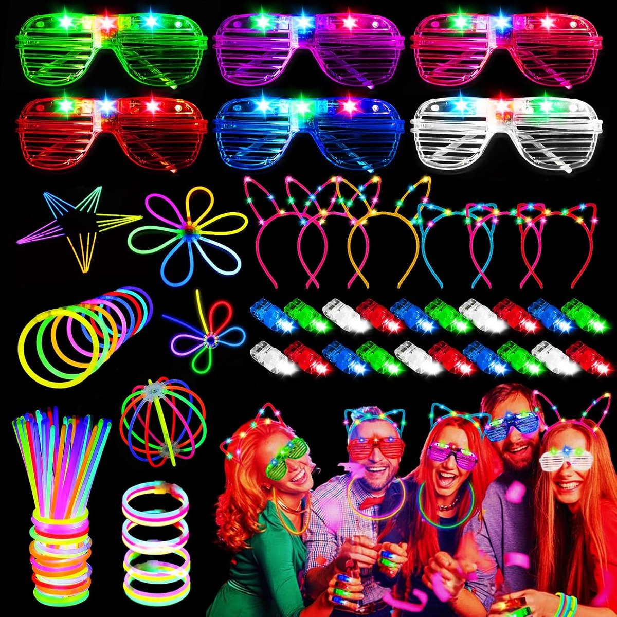 82 Stuks Glow Sticks Party Set, Led-bril, 50 Lichtgevende Staafjes, 6 Lichtgevende Bril, 20 Vingerlicht, 6 Led Haarband, Feestaccessoires voor Kinderen Verjaardagen, Feestjes, Bruiloft, Festivals