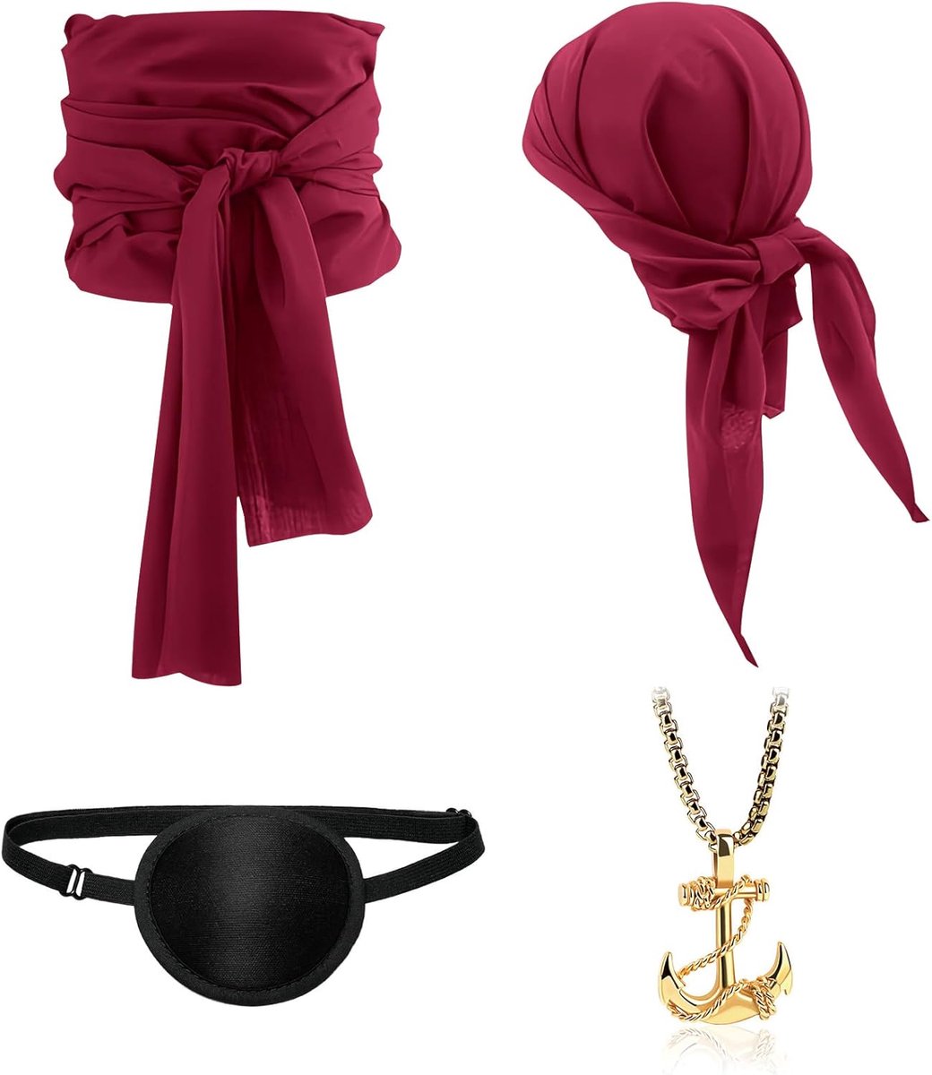 piratenhoofdband, tailleriem met oogklep, halsketting, piratenkapitein, middeleeuwse grote sjerp voor carnaval, Halloween, vrouwen, mannen (bordeaux)