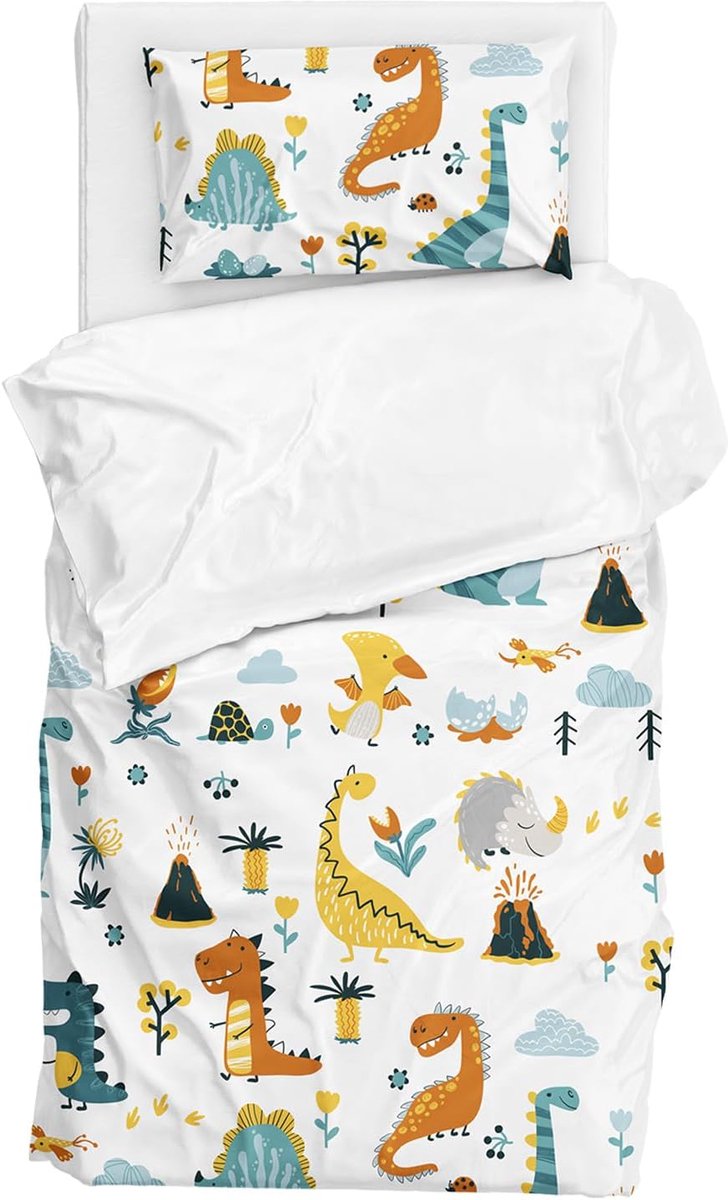 Beddengoed 90 x 190 cm + 1 kussensloop 40 x 60 cm polyester - Dekbedovertrek voor eenpersoonsbed, jongens, dinosaurussen, dekbedovertrek voor kinderen, met ritssluiting