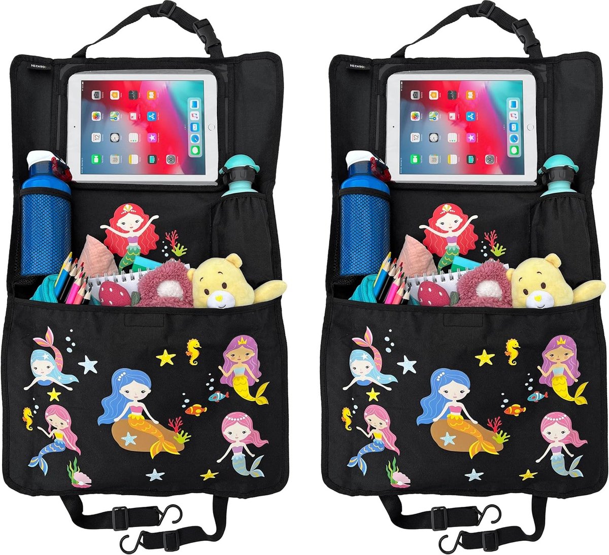2x Kinder Autostoel Rugleuningbeschermer Organizer met verstelbare tablethouder, opbergruimte voor accessoires – Zeemeermin