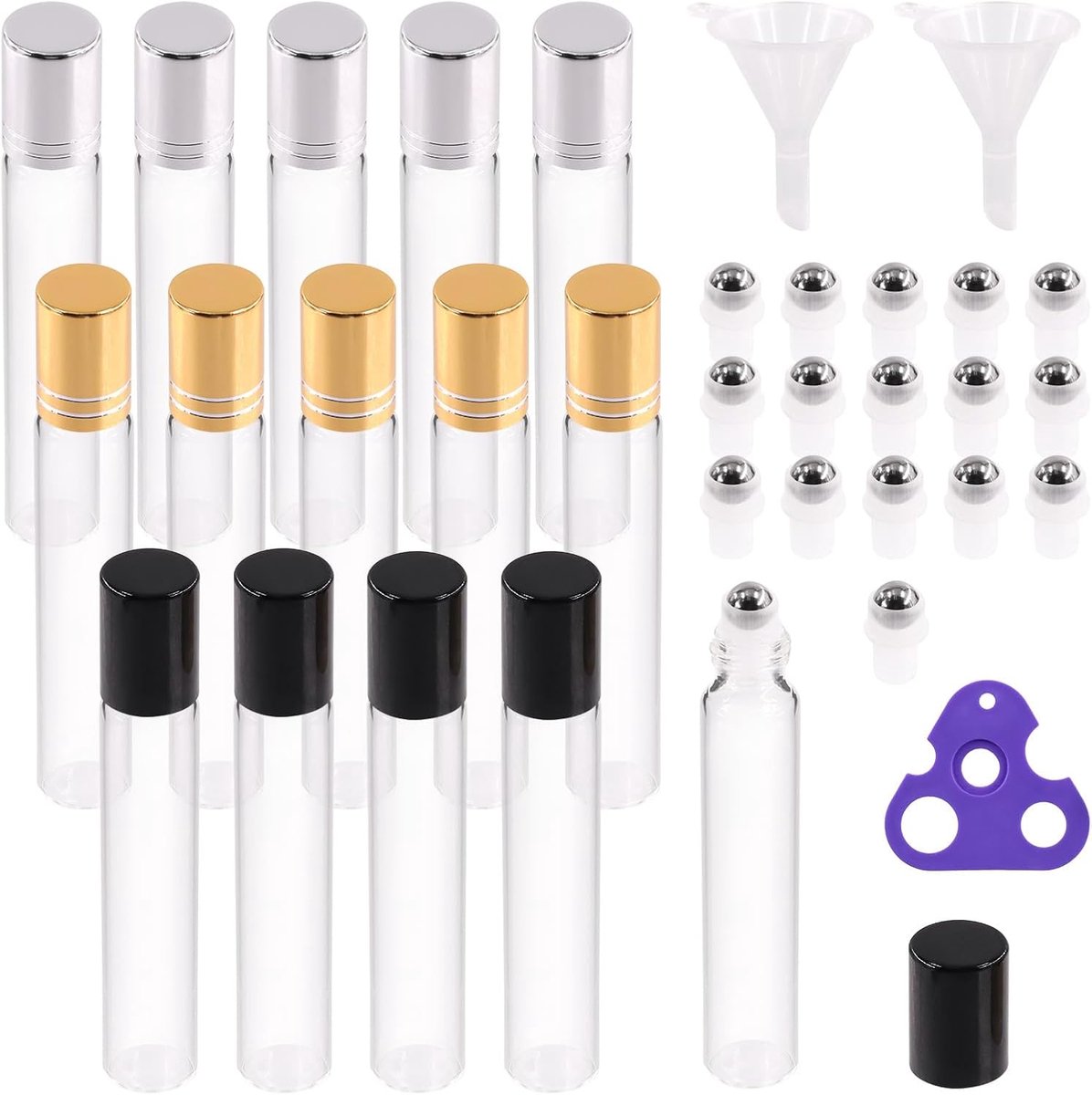15 stuks 10 ml heldere etherische olie roller ballen glazen flessen met 17 roestvrijstalen rolballen, 15 kleuren deksels, 1 opener, 2 trechter, navulbare parfumflessen met rolbescherming, in