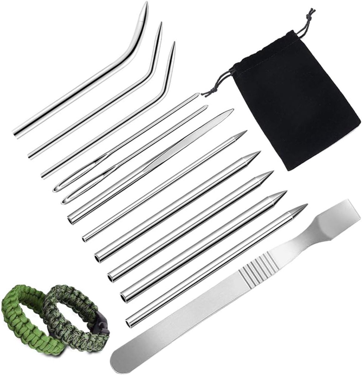 12 stuks roestvrijstalen paracord FID-naald met stoffen tas, paracord naainaald en gladmakend gereedschap voor doe-het-zelf armbanden, weven veters snaren, kledingdecoratie