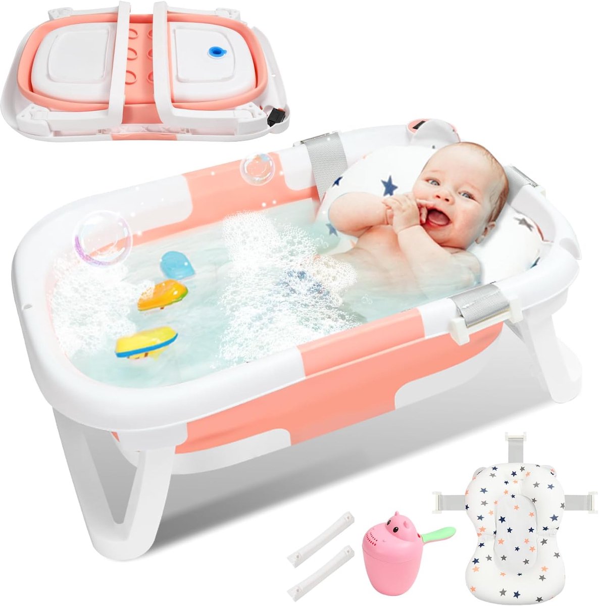 Opvouwbaar babybad, babybad met thermometer, kussen, babyhoofdspoel, antislip, pasgeborenen, kinderen van 0 tot 36 maanden, ergonomisch en ruimtebesparend, roze