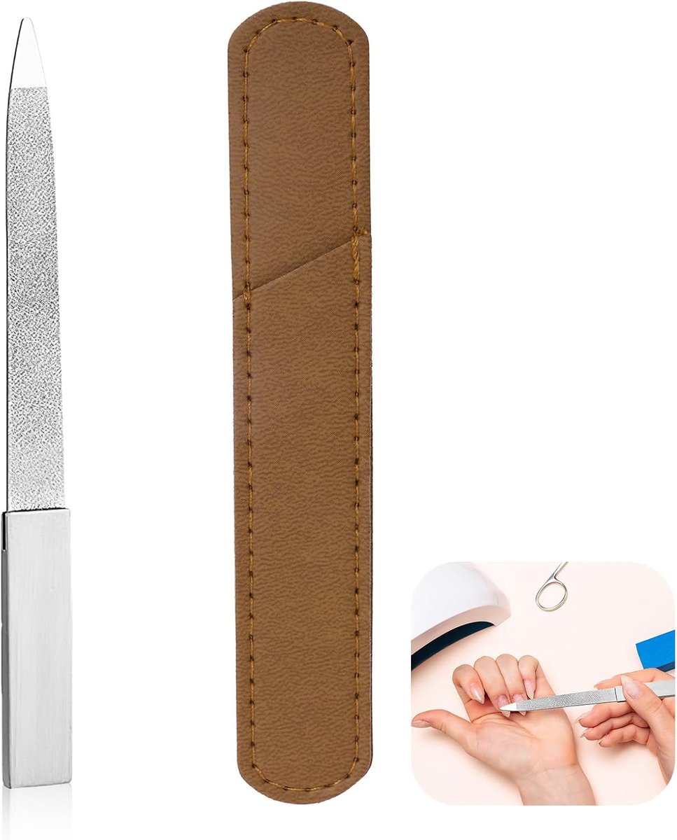 V Professionele nagelvijl van roestvrij staal, dubbelzijdig, met antislip handvat en leren hoes, wasbaar manicuregereedschap voor mannen en vrouwen, geschikt voor tenen en vingers