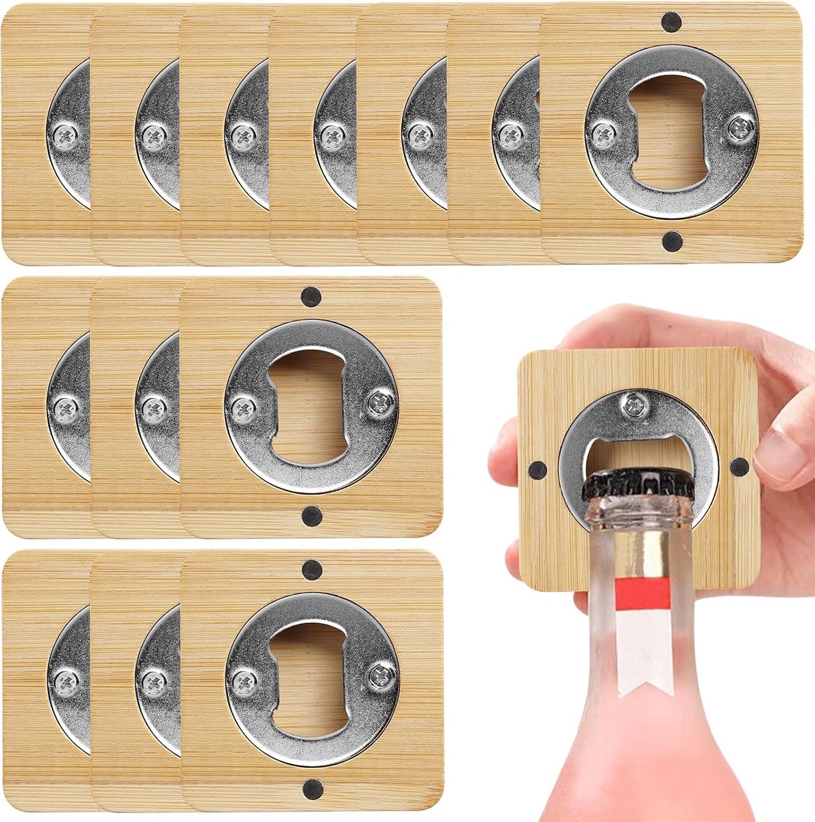 Flesopener - 12 Stuks Roestvrij Staal Bamboe met Verzwakking, Adsorbeerbaar, Gepersonaliseerd Vierkant Cadeau voor Mannen
