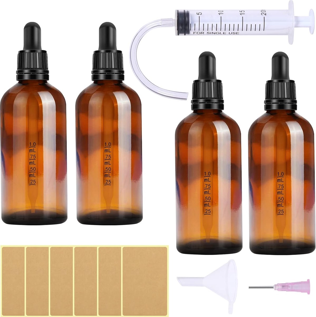 OT nuts Pipetfles, glazen pipetfles, 4 stuks, 100 ml, apothekersfles, set van bruin glas, vloeistofflessen om te vullen, druppelflessen, glazen flessen met zwarte pipetdop, inclusief 5 stuks