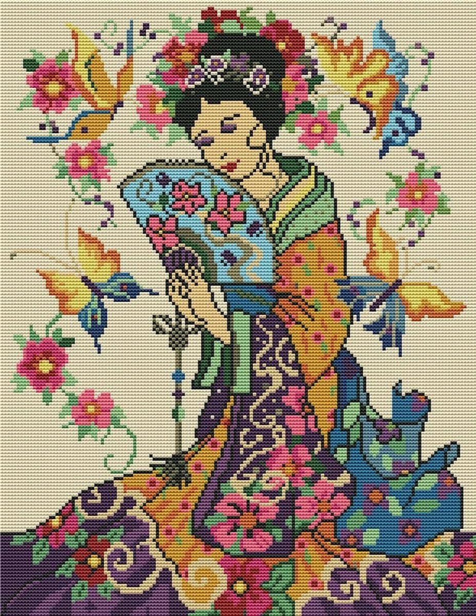 Kits, oude oosterse dame met vlinder, gestempeld met bedrukt patroon, starterskit (Lady)