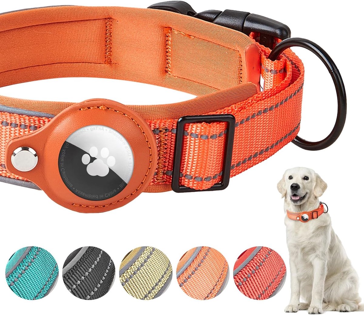 SnelShoppen - Reflecterende Gevoerde Hondenhalsband voor Apple AirTag, Verstelbare Tactische Nylon Hondenhalsband voor Kleine, Middelgrote en Grote Ho
