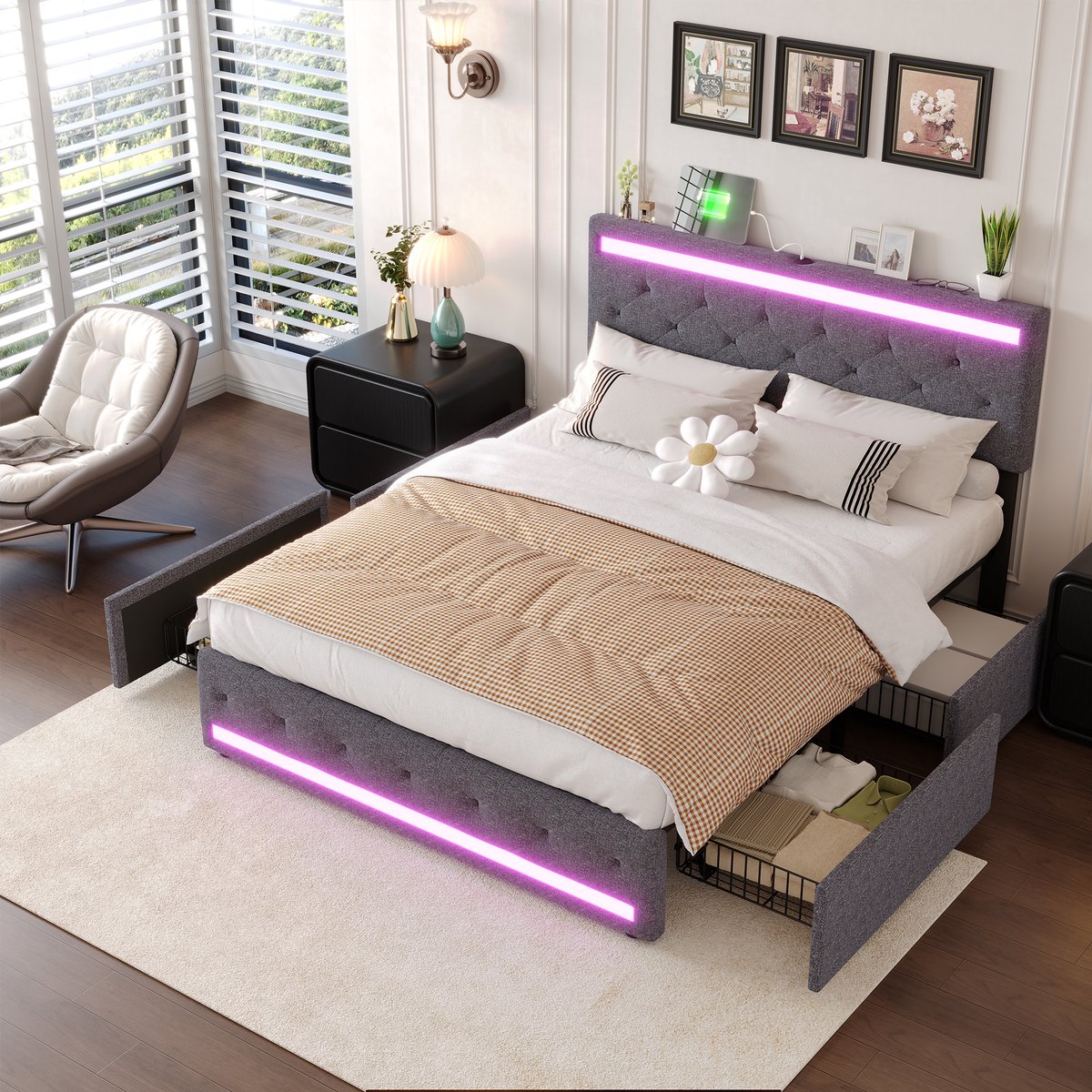Tweepersoonsbed 160x200 cm, linnen gestoffeerd bed met led hoofd- en voeteneinde, 4 metalen lades, usb aansluiting en opbergruimte, donkergrijs, zonder matras