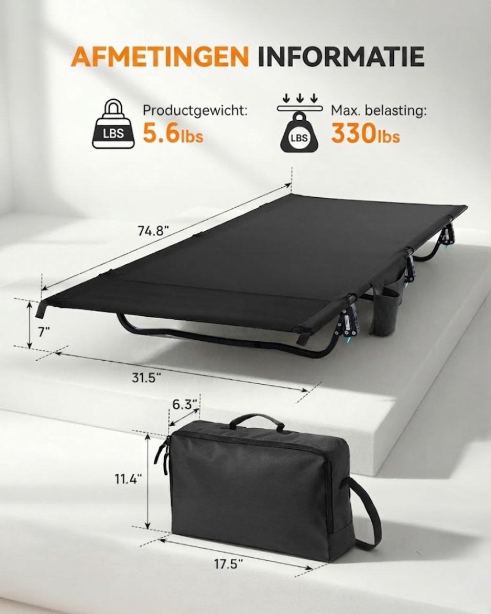 Lìon® Veldbed - 150kg - Kampeerbed - Campingbed - Zwart - 45cm x 29cm x 16cm