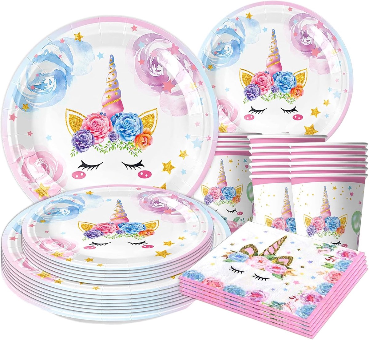 feestserviesset, eenhoorn verjaardagsservies en feestdecoratie met papieren borden, bekers en servetten voor een feest, kinderverjaardag, eenhoorn feestartikelen, decoratieset voor jongens en