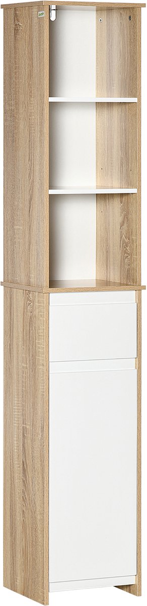 Badkamermeubel Kastje, gezellige stijl, 3 nissen, lade, kast met plank, wit, licht eiken look