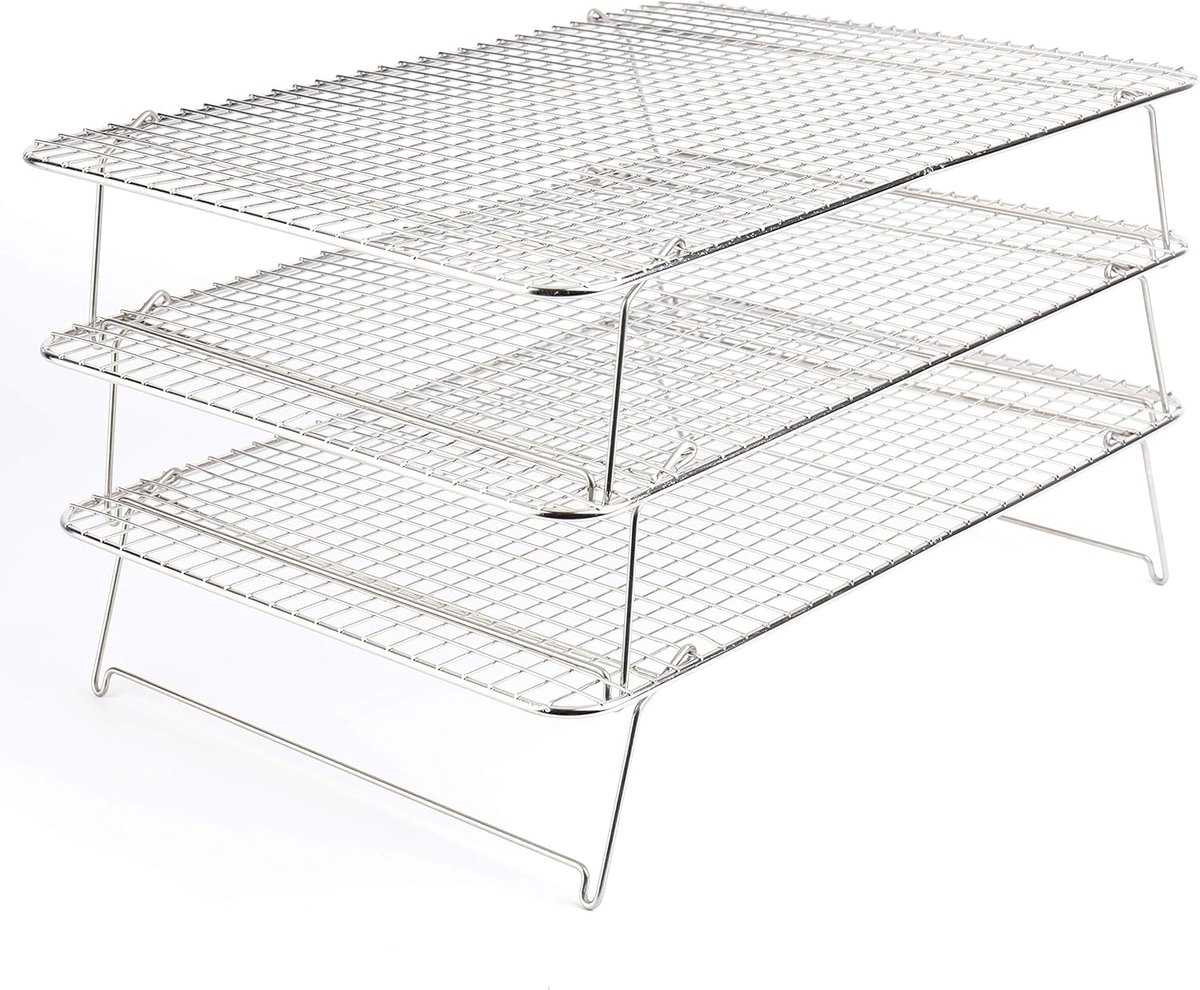3-laags RVS Uitkoelrek - Stapelbaar en Opvouwbaar - Met Anti-aanbaklaag - Voor Koekjes en Gebak - Zilver - 42 x 30.5 x 27 cm