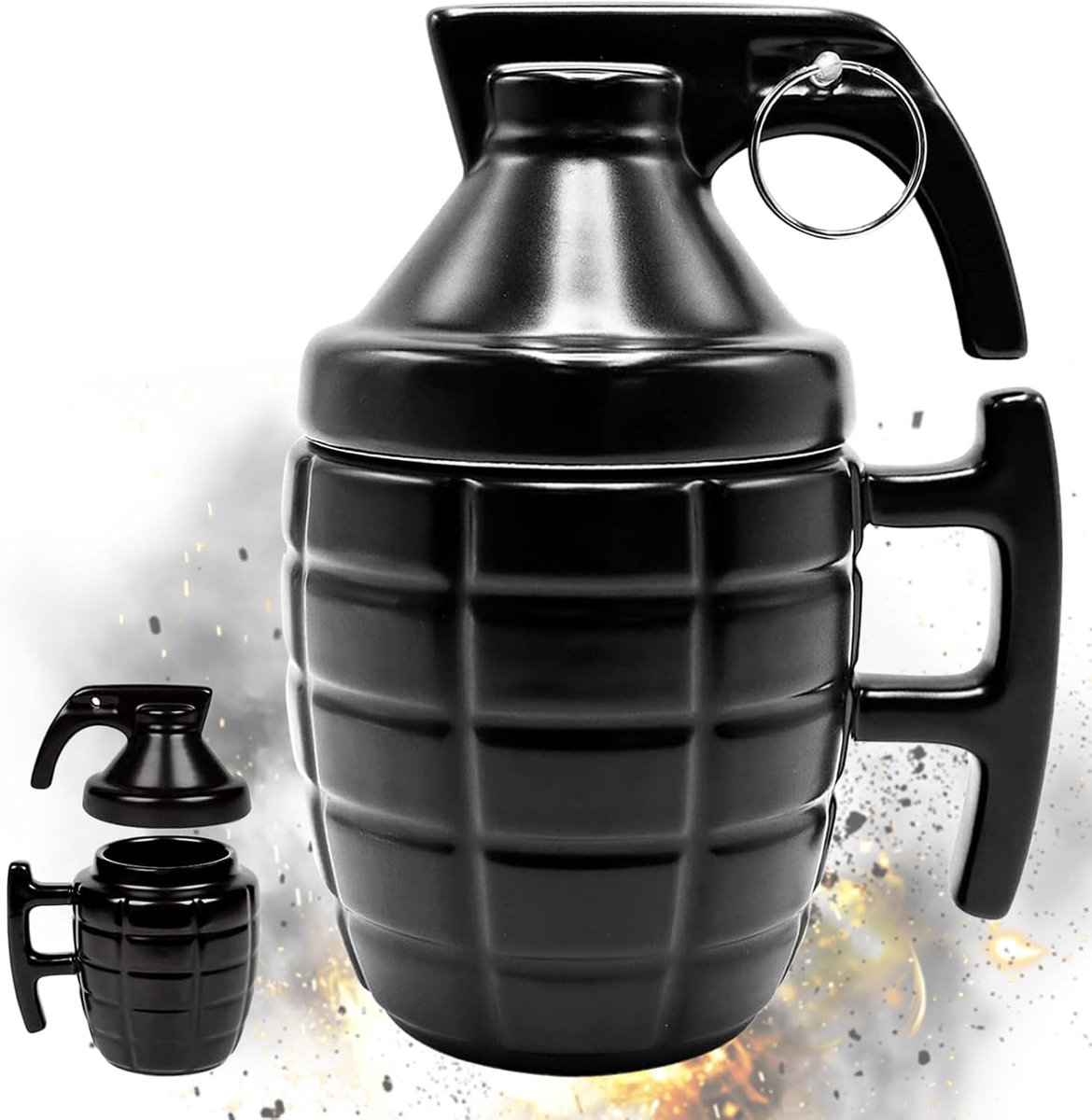 Grappige granaatmok - ontbijtbeker voor cappuccino, koffie en thee in keramiek - 300 ml - beker in de vorm van een granaat met hoes - origineel en grappig cadeau-idee (zwart)