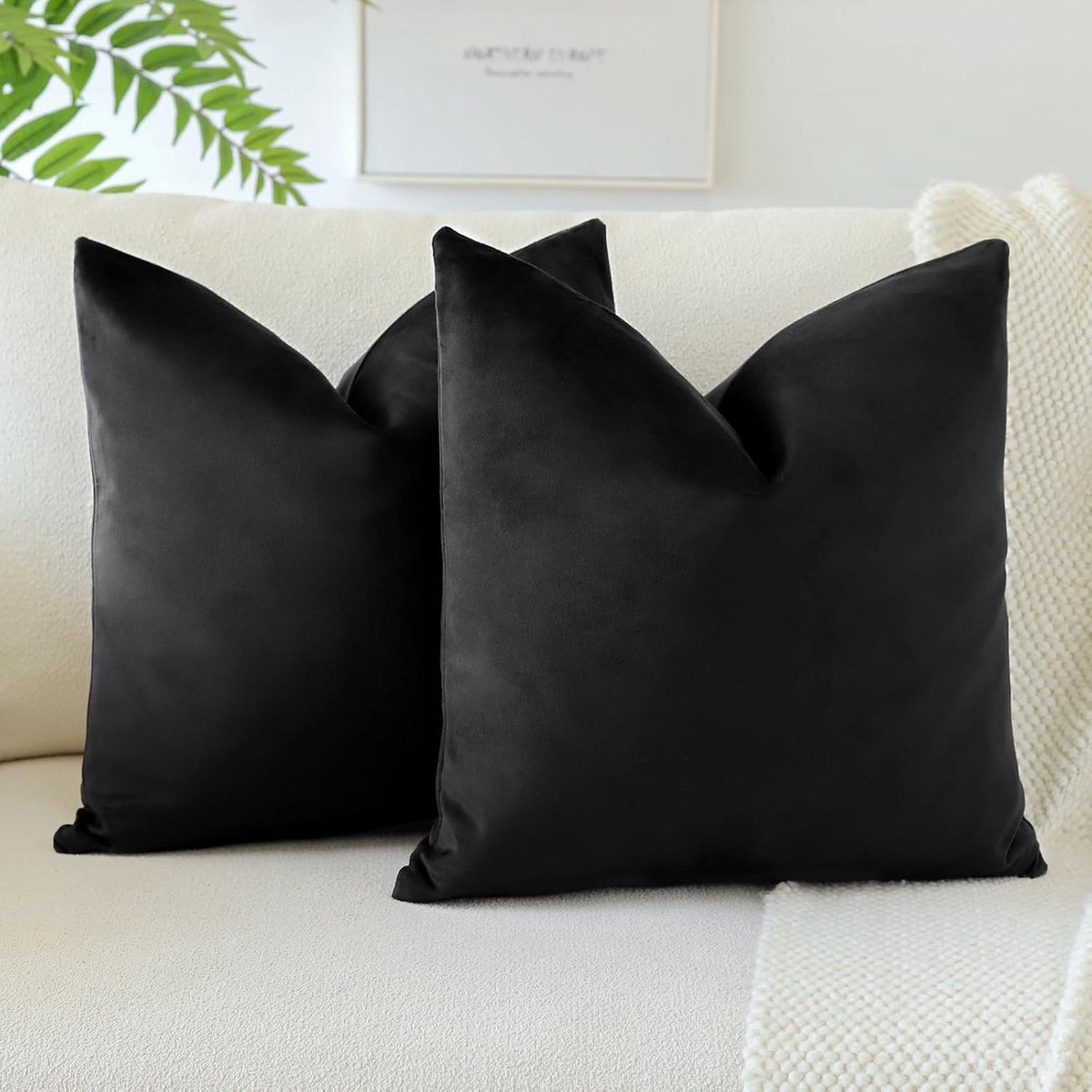 Set van 2 fluwelen zachte effen kussenhoezen 45x45 cm decoratieve kussenhoezen vierkante kussensloop woondecoratie kussenslopen voor bank bank woonkamer slaapkamer 18x18 inch (zwart)