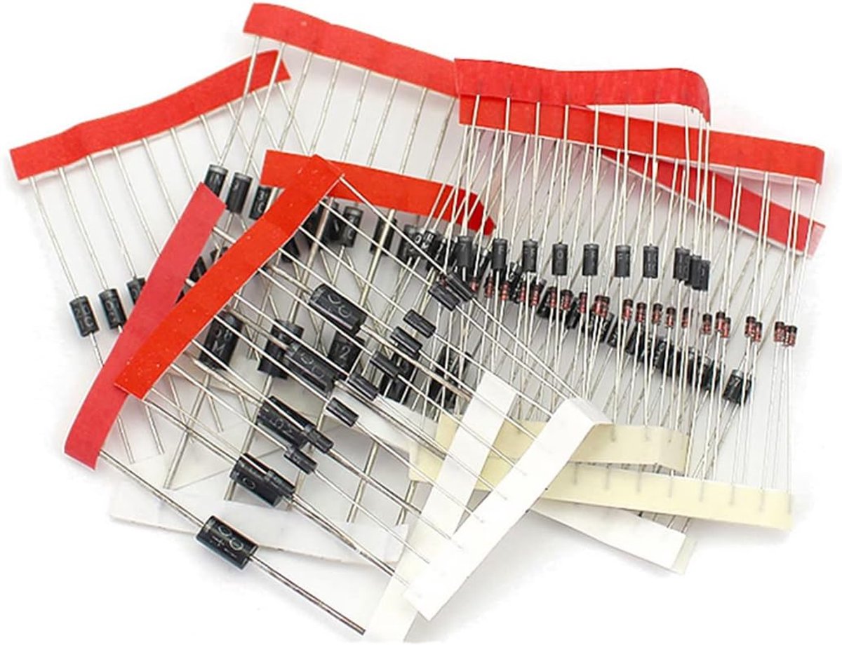 100 stuks Schottky gelijkrichter diodes assortiment kit met 8 waarden 1N4148 1N4007 1N5819 1N5399 1N5408 1N5822 FR107 FR207