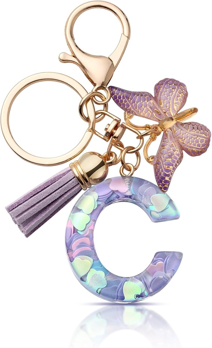 Sleutelhanger met letter meisje sleutelhanger beginletter geschenk vrouwen sleutelhanger vlinder, paars, lila