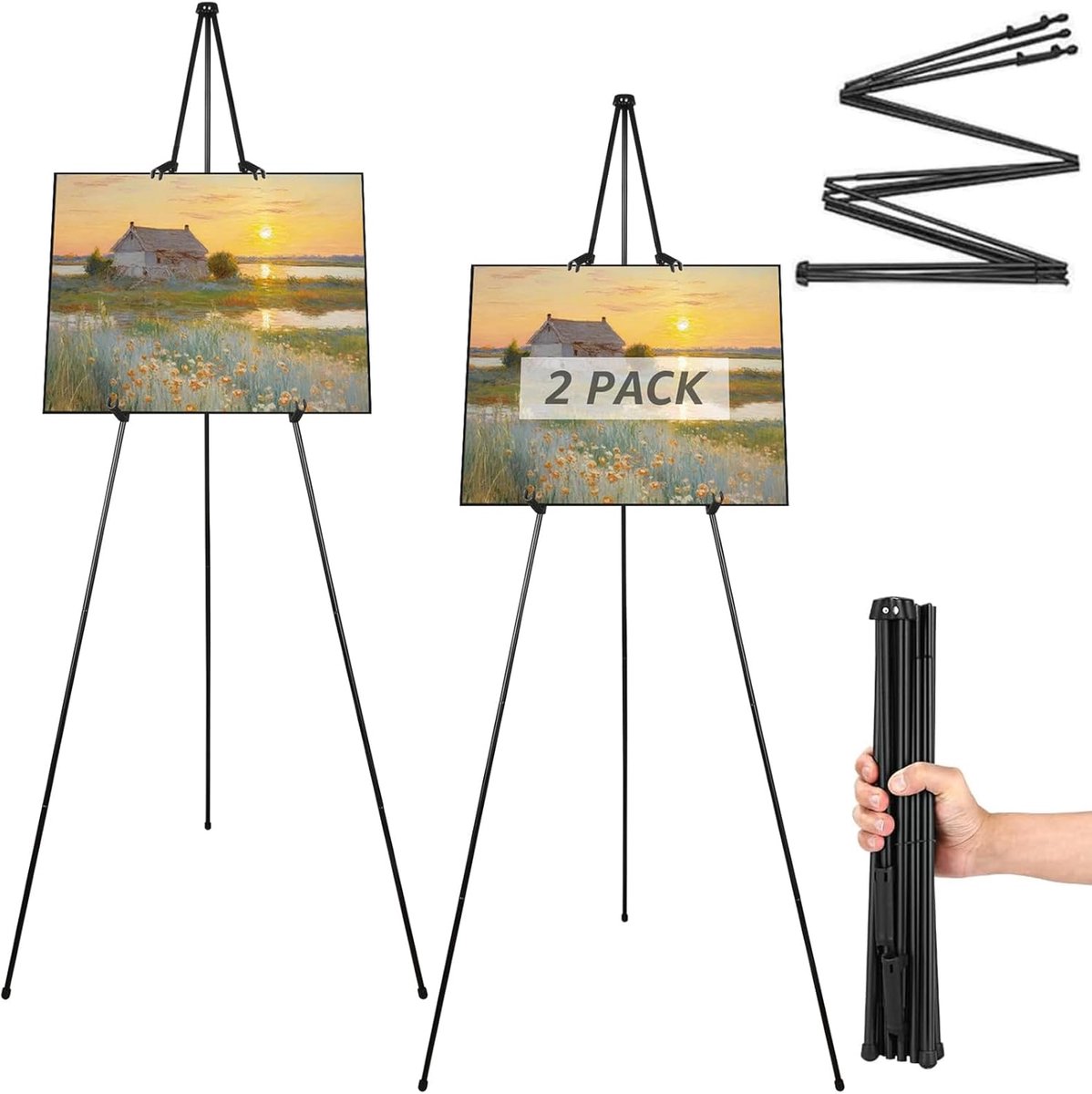 Ezel zwart, 160 cm grote ezel voor bruiloft, schildersezelstandaard, verstelbaar statief, canvas schilderij, display, draagbare telescopische schildersezels, 2 stuks