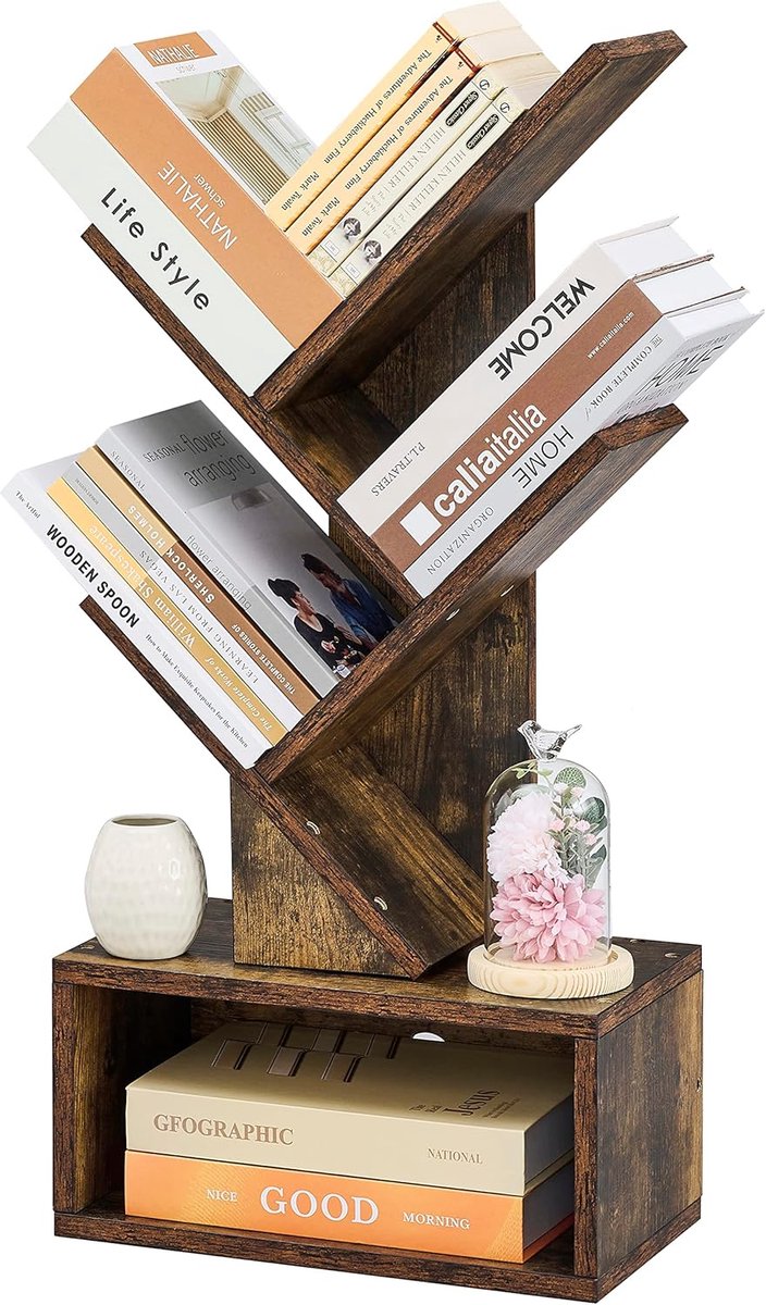 Boomboekenplank met 3 niveaus, kleine boekenkast met lade, bureauboekenplank, displayvloer staande opbergplank, boekenorganizer planken voor thuiskantoor, rustiek bruin