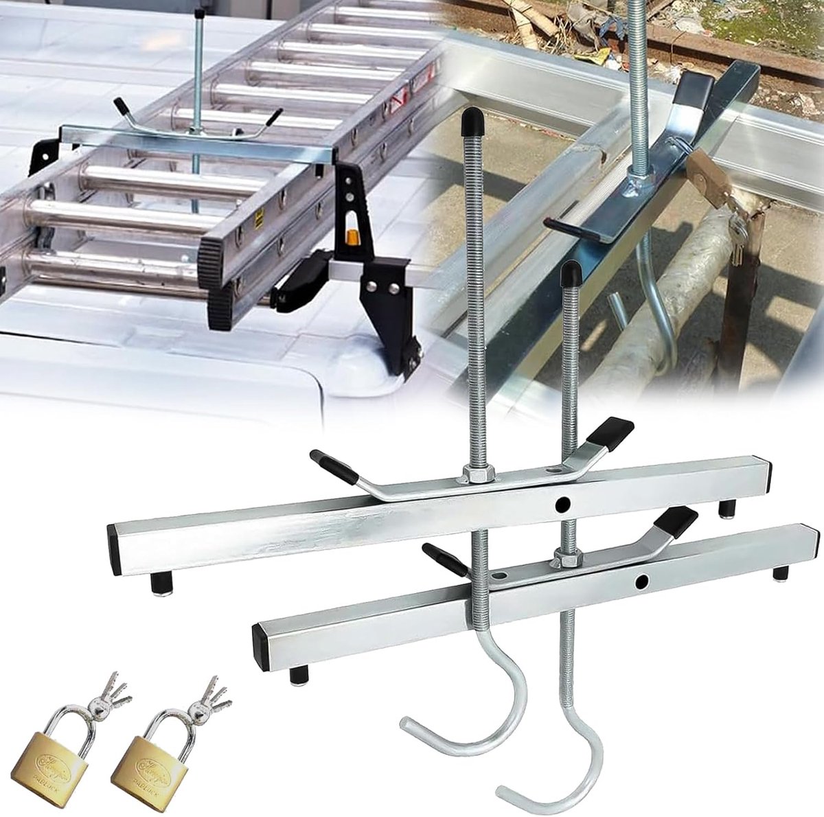 2 stuks, plafondklemmen, ladder, veiligheidsbagagedrager, veiligheidsslot, ladder, staal, haken, 2 sloten, 2 sleutels, sloten, bagagedrager