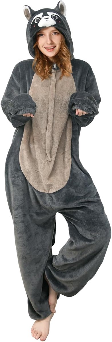 Onesie voor Volwassenen - Dierenkostuum Jumpsuit Zachte Fleece Pyjama Unisex voor Vrouwen en Mannen - Carnaval Kerst Halloween Cosplay (S, Wasbeer)