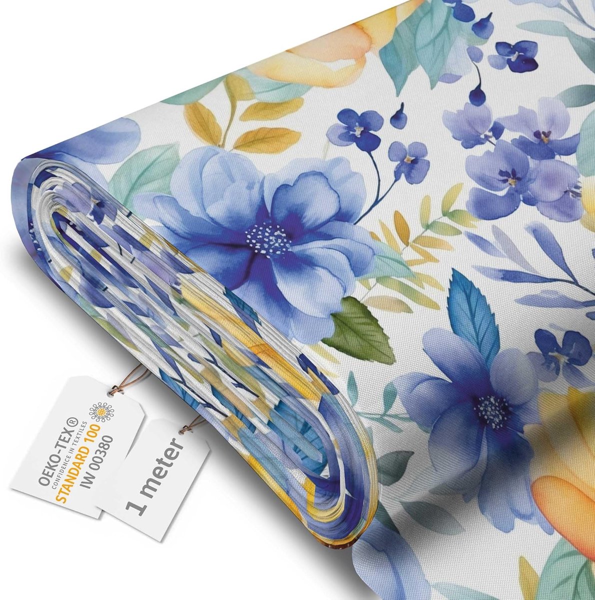 Stof, per meter, gele en blauwe bloemen, 1 m | Waterdichte outdoor stof waterafstotend per meter 160cm 220g/m² 600D kussen gordijnen bloemen