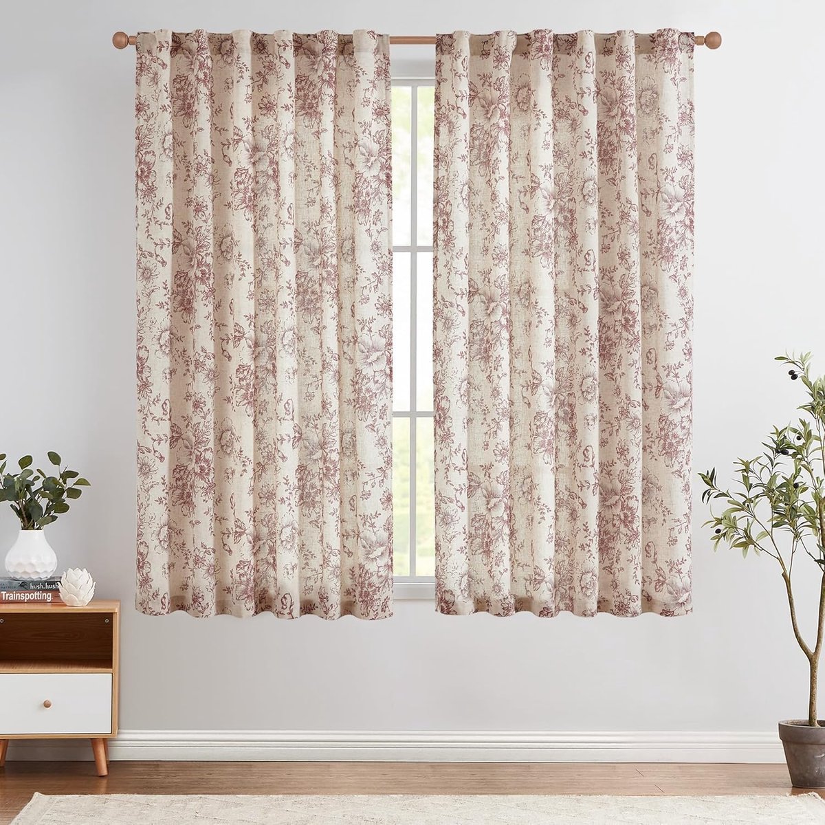 Linnen gordijnen, bloemen gordijnen met verborgen lussen, lichtdoorlatend, boerderij, lange gordijnen, raamsjaal voor woonkamer, slaapkamer, raam, set van 2, 140 x 245 H (cm), rood op beige