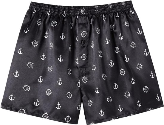 Zwarte satijnen boxershort met een wit patroon van ankers en scheepsroeren.
