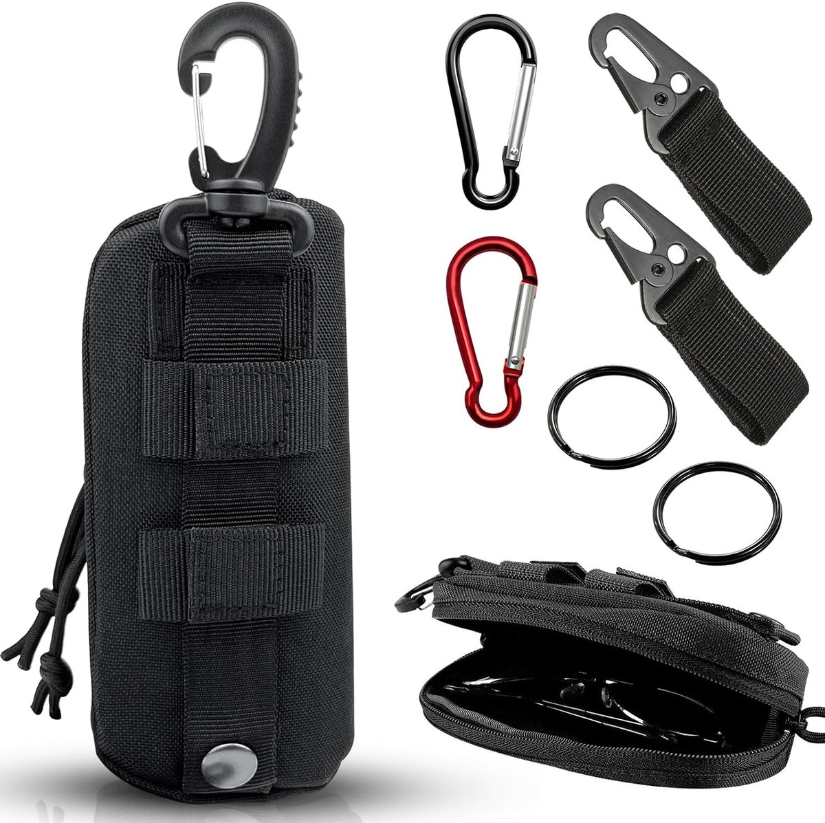 1 x Molle tactische brillenkoker met 4 karabijnhaken en 2 sleutelringen, tactische brillenkoker voor klimmen, trekking, fietsen (zwart)