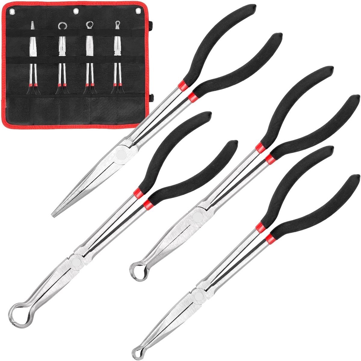 4 stuks extra lange tangen assortimentset met 3 maten 28 cm antislip slang grijper tang, 28 cm rechte lange neus tang, tang kit voor draad buigen, vormen, trimmen
