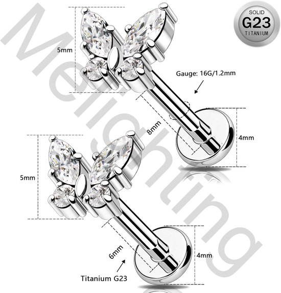 G23 Titanium Kraakbeen Oorbel Intern Schroefdraad Labret Stud Vlinder Helix Oorbellen Lob Earring CZ Platte Terug Oorbel 16G Tragus Piercing Sieraden — afbeelding 4