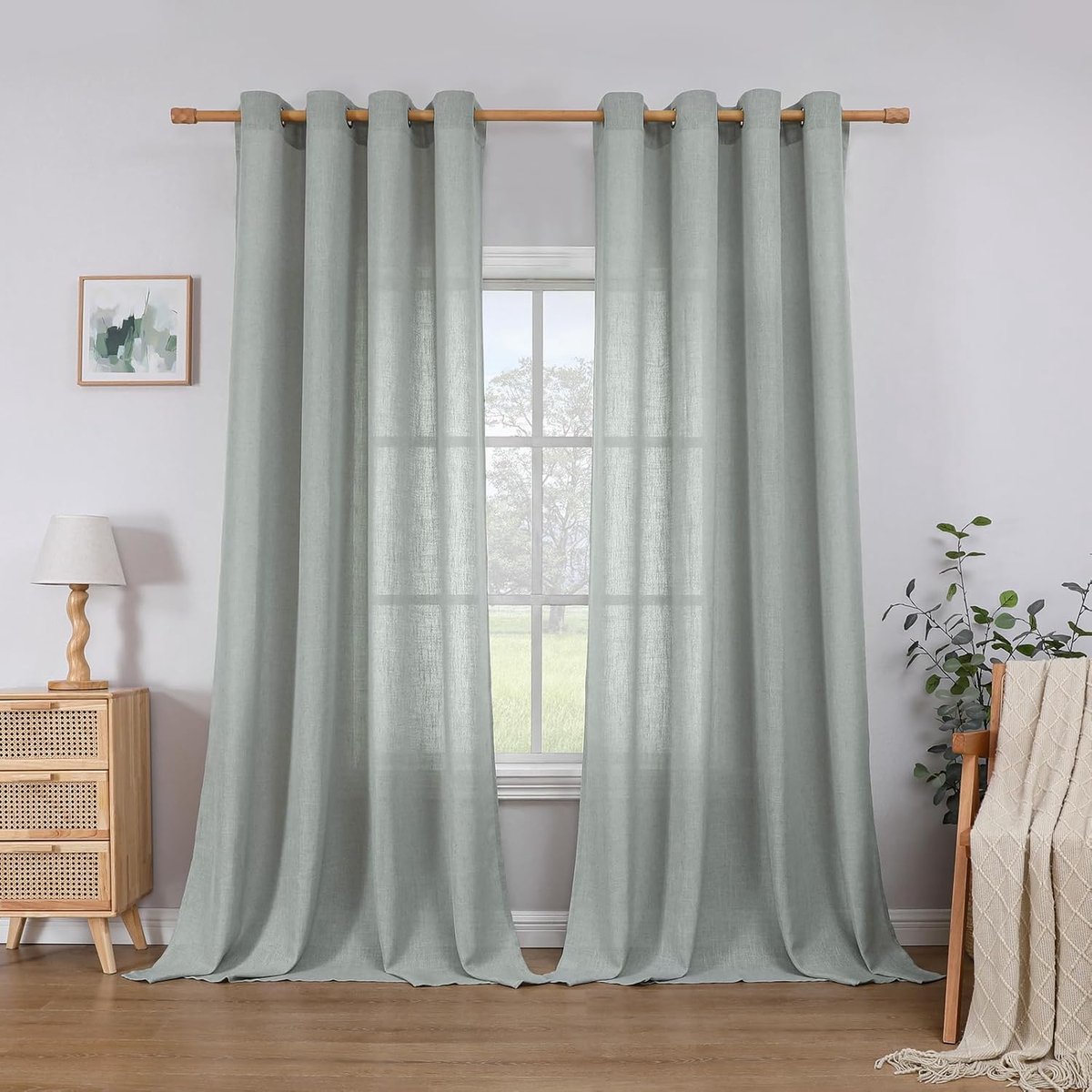 Linnen gordijnen met oogjes landhuisstijl voile gordijn half-transparant gordijnen voor slaapkamer kinderkamer woonkamer, H 175 x B 140 cm, set van 2, saliegroen