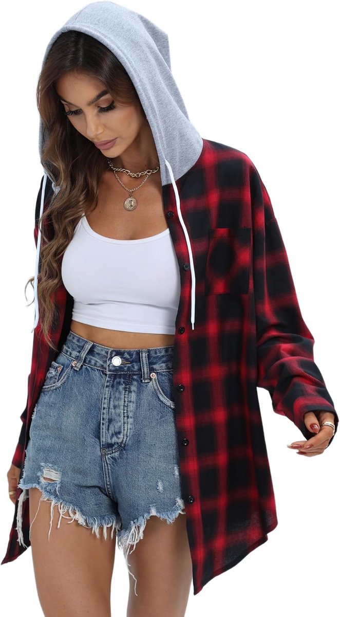 Oversized flanellen overhemd voor dames, hoodie, button-up, geruit, V-hals, bovenstuk, mode, lange mouwen, geruite blouse