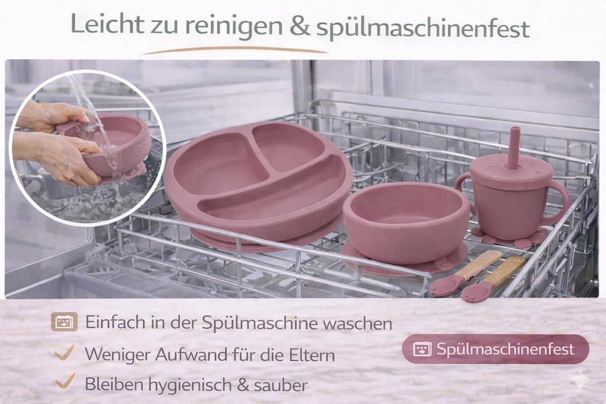6-delig siliconen babyset – antislip bord, schaal, beker met rietje, vork, lepel, lappendoek – vaatwasserbestendig, BPA-vrij, magnetronbestendig – Voor kinderen vanaf 6 maanden