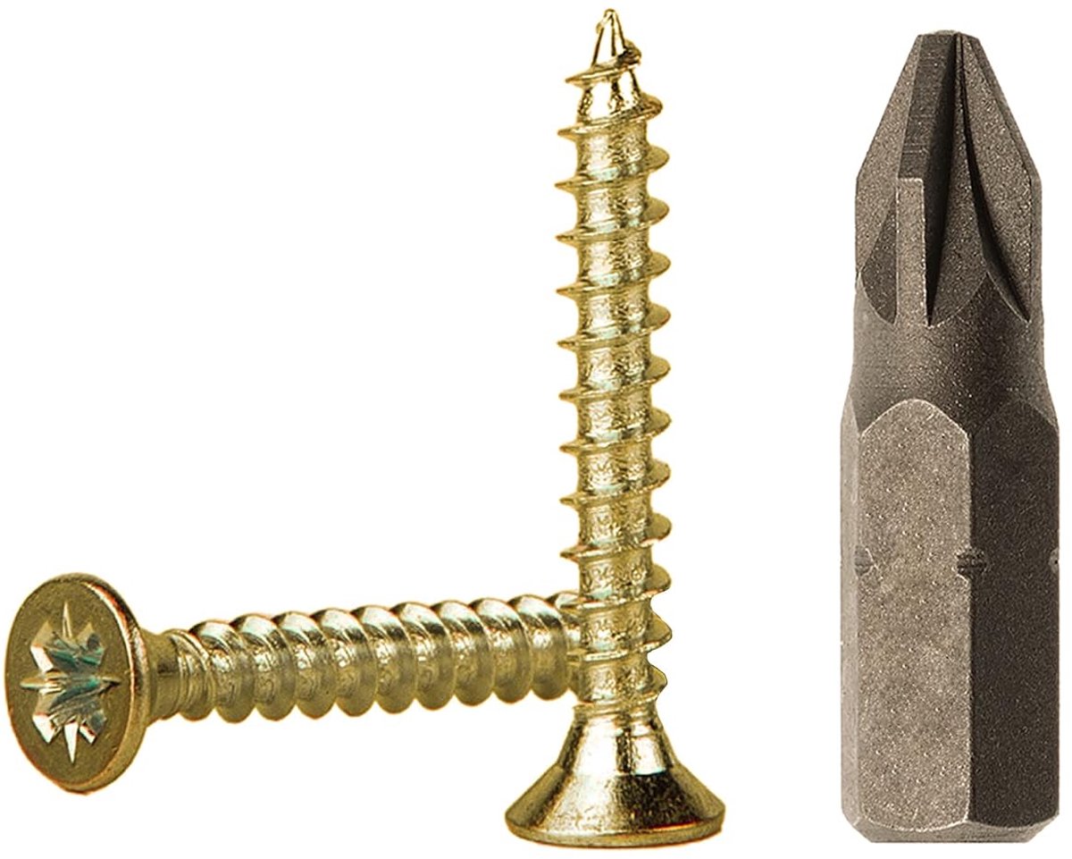 (Pack van 500 stuks) Geel verzinkt staal 3,5 x 25 mm houtschroeven, spaanplaatschroeven, universele Pozi-Drive schroef, PZ volledig schroefdraad, Pozidriv verzonken kop (500, 3,5 x 25 mm)