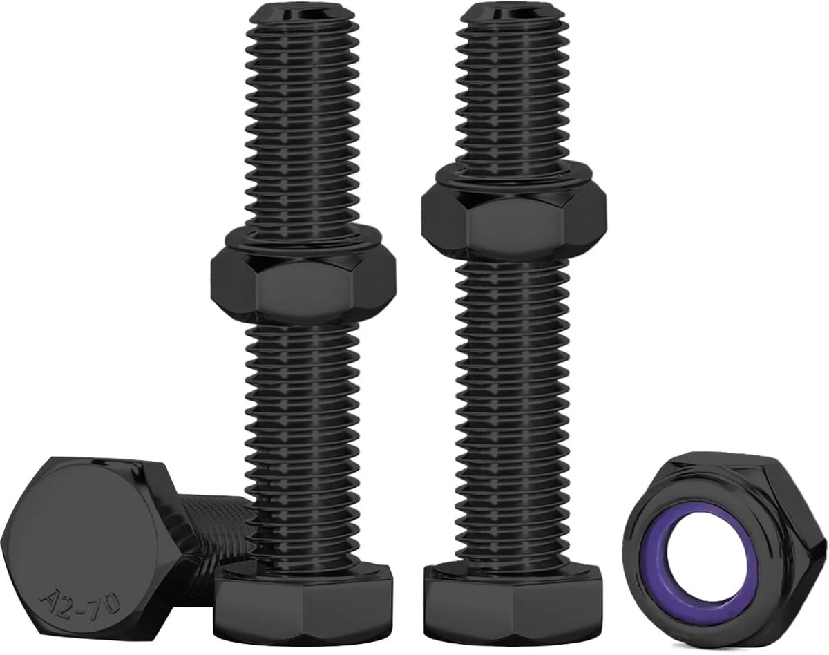 Bouten M6, 10 stuks zeskantbouten met moeren assortiment zwart M6 x 40 mm roestvrij staal A2 V2A schroeven roestvrij staal en moeren voor meubels, auto's, fietsen, boten, 3D-printen