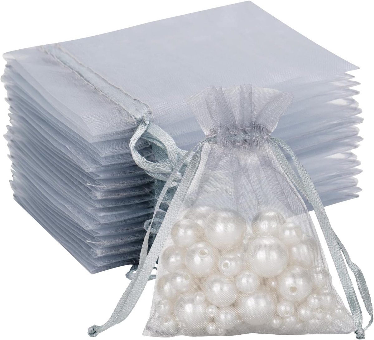 Zilvergrijs organzazakjes, 7x9cm, 100 stuks, organza geschenkzakjes met trekkoord. Ideaal als zakjes voor bruiloftssnoepjes, sieradenzakjes, cadeauzakjes